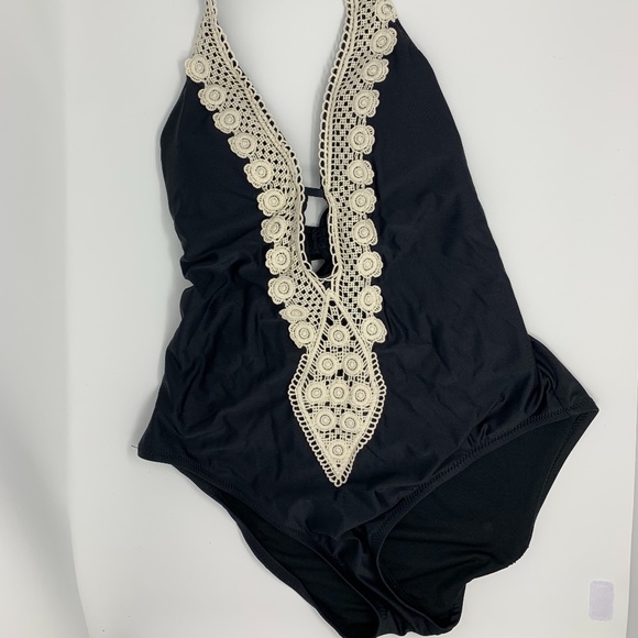 Kona Sol Other - Kona Sol Crochet Trim Plunge One Piece Swimsuit